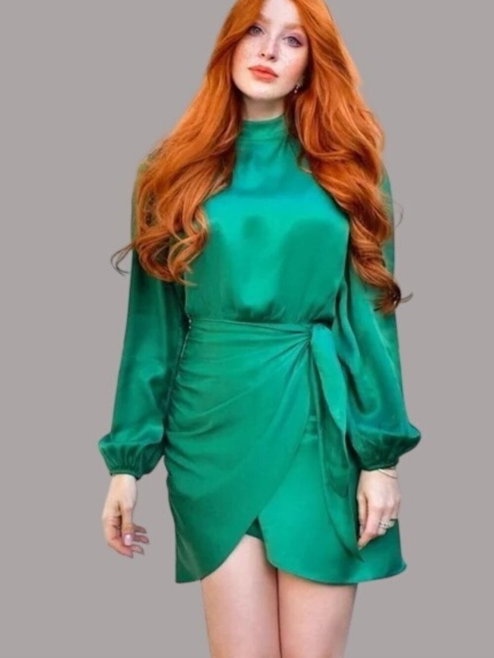 Zara Womens Green Satin Mini Dress M Long Sleeve Waist-Tie Wrap Design